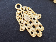 Ornate Filigree Hamsa Hand of Fatima Pendant Charm -  22k Matte Gold Plated - 1PC