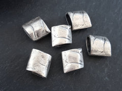 6 Large Organic Textured Slide Bead Slider Spacers, Tribal Ethnic Jewelry Making Beads, Matte Antique Silver Plated