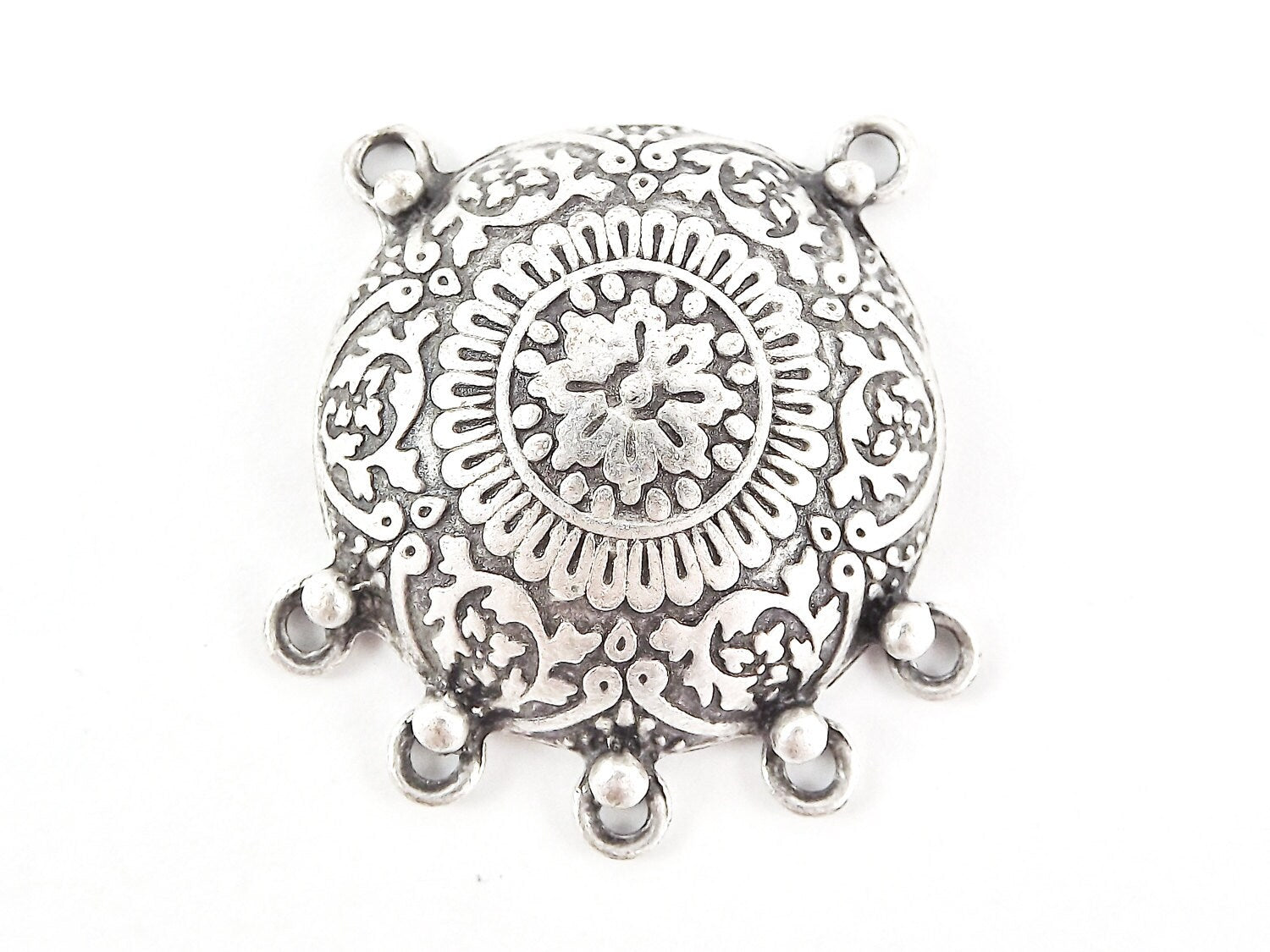Large Mandala Folk Boho Style Pendant Connector with 5 Loops - Matte Antique Silver Plated - 1PC