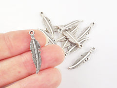 10 Tribal Feather Ethnic Mini Charms Matte Antique Sliver Plated - Bracelet Earring Charms Jewelry Making Supplies