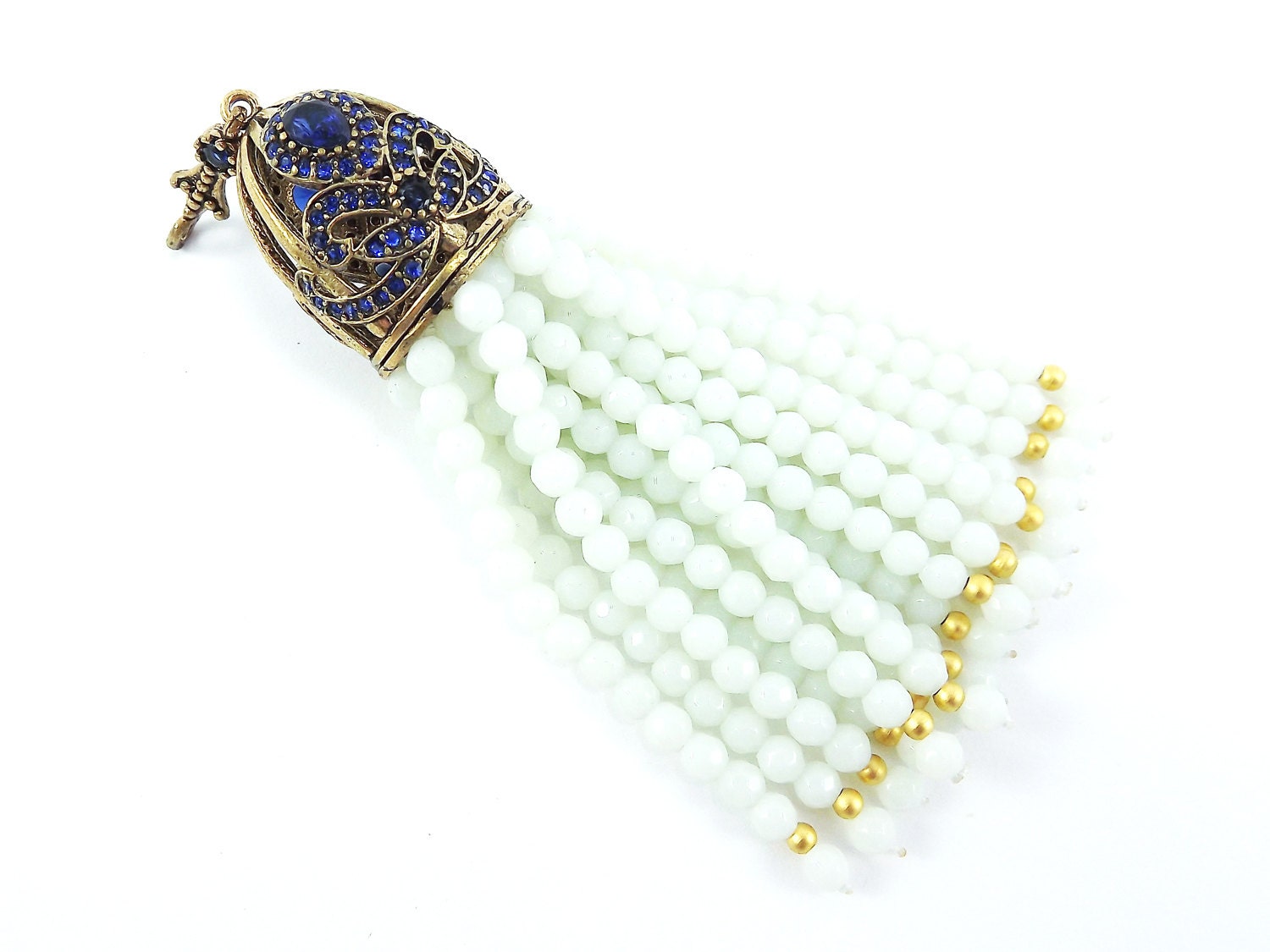 Large Long White Opal Facet Cut Stone Beaded Tassel with Crystal Accents - Antique Bronze - 1PC