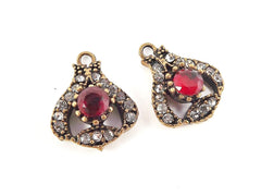 Red Clear Rhinestone Crystal Small Pendants - Antique Bronze - 2PC - No:70 - Turkish Jewelry