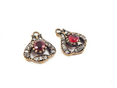 Red Clear Rhinestone Crystal Small Pendants - Antique Bronze - 2PC - No:70 - Turkish Jewelry