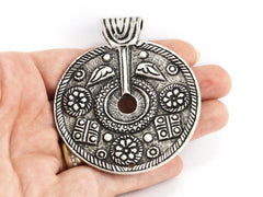 Large Round Ethnic Tribal Artisan Medallion Pendant - Matte Antique Silver Plated