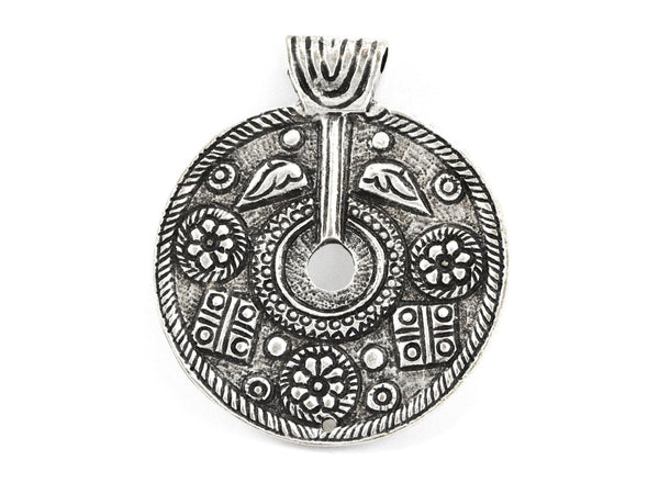 Large Round Ethnic Tribal Artisan Medallion Pendant - Matte Antique Silver Plated