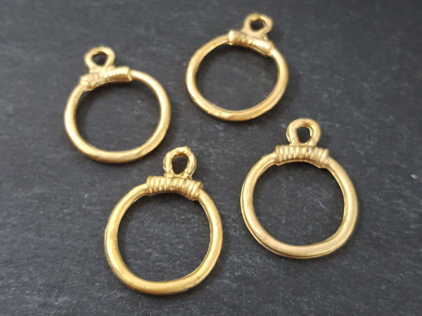 Gold Loop Pendant, Gold Ring Pendant, Rustic Cast, Closed Loop, Closed Ring, Gold Pendant, Gold Loop Charm, 22k Matte Gold Plated, 4pc