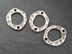 3 Organic Hammered Connector Ring Closed Loop Pendant with Holes - Matte Antique Silver Plated