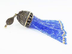 Large Long Translucent Royal Blue Facet Cut Rondelle Crystal Beaded Tassel with Crystal Accents - Antique Bronze - 1PC