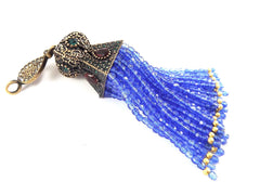 Large Long Translucent Royal Blue Facet Cut Rondelle Crystal Beaded Tassel with Crystal Accents - Antique Bronze - 1PC