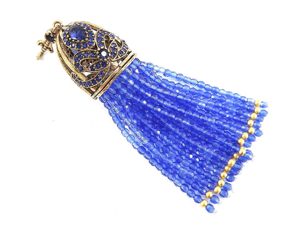 Large Long Translucent Royal Blue Facet Cut Crystal Beaded Tassel with Crystal Accents - Antique Bronze - 1PC