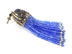 Large Long Translucent Royal Blue Facet Cut Crystal Beaded Tassel with Crystal Accents - Antique Bronze - 1PC