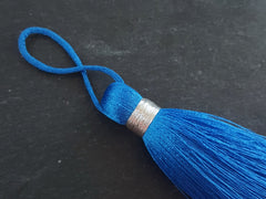 Large Blue Tassel, Silk Thread Tassel Pendant, Silver Metallic Band, Mala Necklace Tassel, Door Tassel, 4.4 inch = 113mm, 1 pc