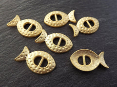 6 Hammered Dotted Curved Fish Slide Buckle Charms - 22k Matte Gold Plated