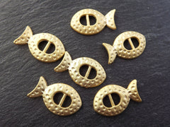 6 Hammered Dotted Curved Fish Slide Buckle Charms - 22k Matte Gold Plated