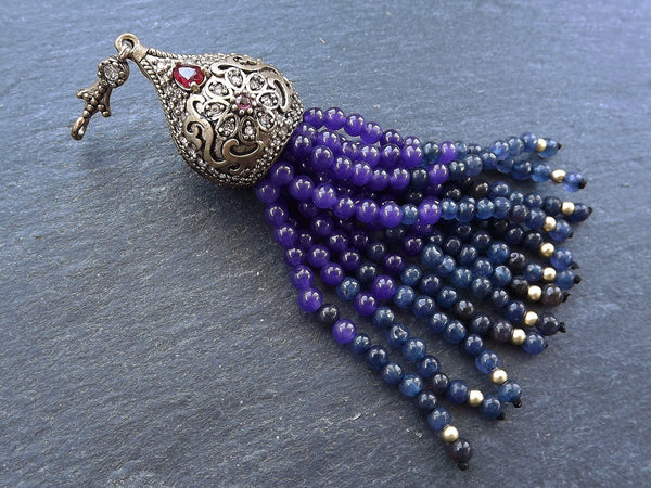 Large Long Purple Deep Blue Smooth Round Cut Jade Gemstone Beaded Tassel with Crystal Accents - Antique Bronze - 1PC