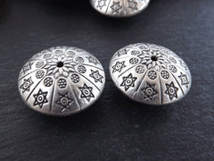 Large Saucer Beads, Star Stamped, Statement Beads, Hollow Beads, Ethnic Beads, Tribal Beads, Matte Antique Silver Plated 26mm - 2pcs