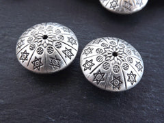 Large Saucer Beads, Star Stamped, Statement Beads, Hollow Beads, Ethnic Beads, Tribal Beads, Matte Antique Silver Plated 26mm - 2pcs