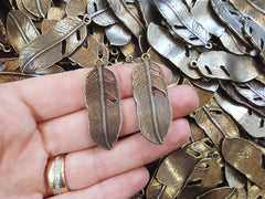 2 Feather Charms, Bronze Feather Tribal Pendants Boho Bohemian Jewelry Making Supplies Artisan Jewellery  - Antique Bronze Plated