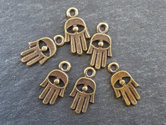 6 Rustic Mini Hamsa Hand of Fatima Eye Charms - Antique Bronze Plated