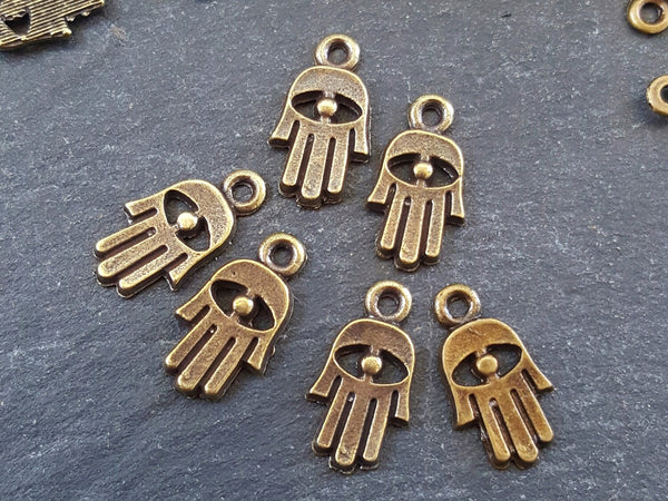 6 Rustic Mini Hamsa Hand of Fatima Eye Charms - Antique Bronze Plated