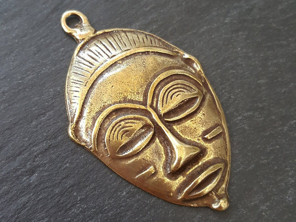 Large Tribal Mask Pendant Connector Shiny Antique Bronze Plated - 1PC