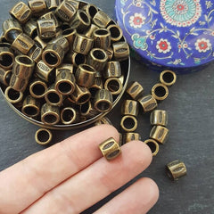 Large Barrel Tube Beads Dotted Ellipse Detailed Tribal Ethnic Antique Bronze Plated Spacers Turkish Jewelry Supplies Findings - 6pc