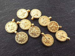 Dotted Rim Gold Coin Charms Ethnic Round Replica Coins Turkish Tughra Jewelry Supplies Findings 22k Matte Gold Plated Non Tarnish