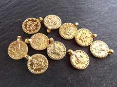 Mini Gold Coin Pendant Charms, Small Turkish Medallion Coin Beads for Jewelry Making, Non Tarnish, 22k Matte Gold Plated, 10pcs