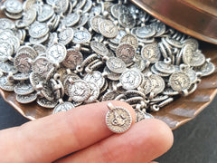 Silver Coin Charms, Dotted Rim, Tughra, Replica Coin, Silver Charm, Round Coins, Coin Pendant, Boho, Silver Coin Pendant, Ethnic Coins 10pc