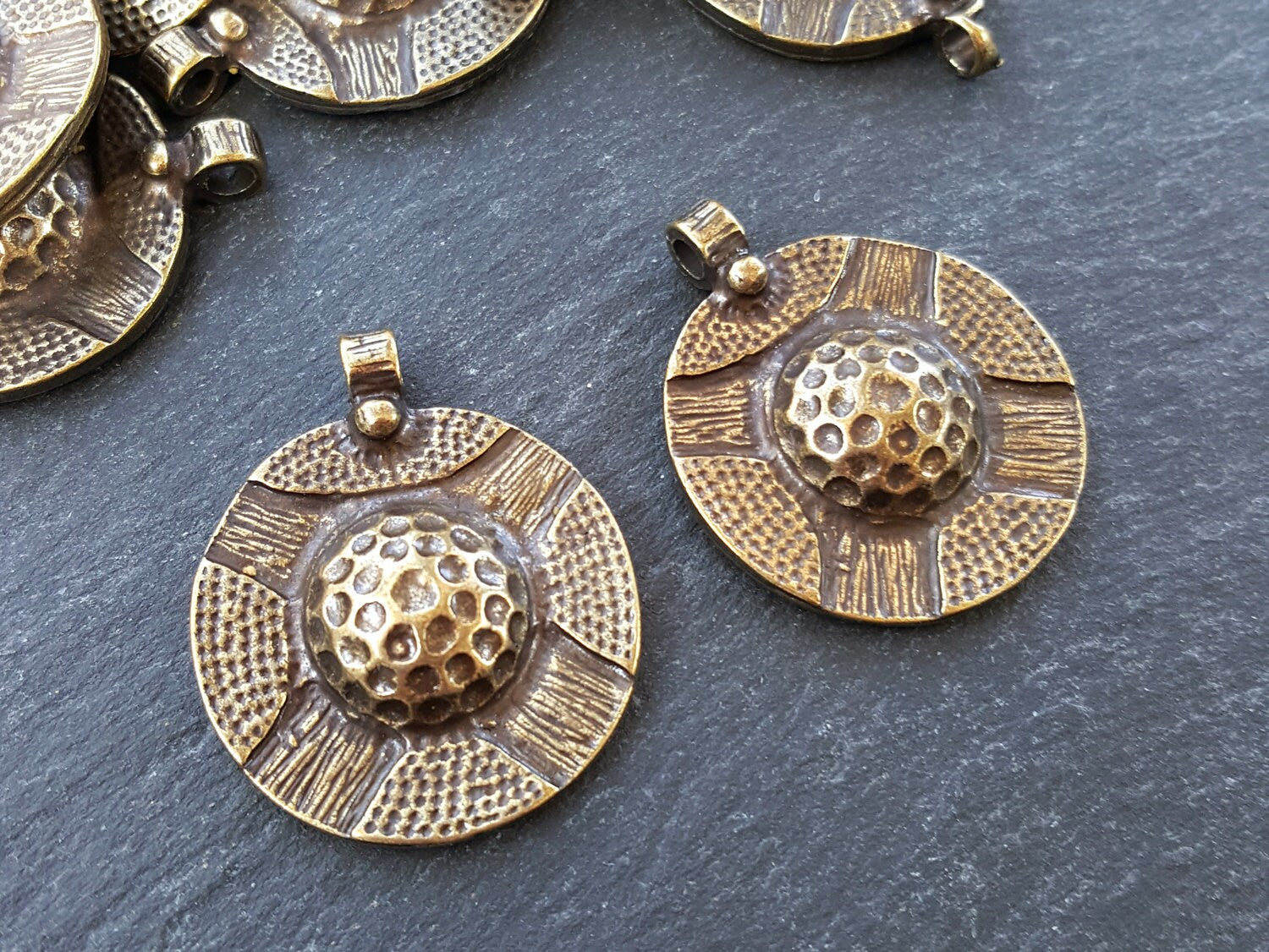 Round Tribal Honeycomb Necklace Pendants Antique Bronze Plated Turkish Jewelry Making Supplies Findings Components - 2pc