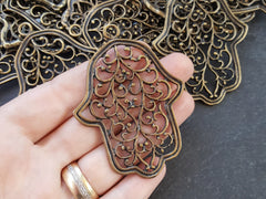Large Hamsa Pendant Curly Filigree Hand of Fatima Antique Bronze Plated Turkish Jewelry Making Supplies Findings Components - 1pc
