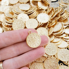 Large Gold Coin Charms, Round Coins, Turkish Coins, Replica Coins, Rustic Coins, Coin Pendants, 22k Matte Gold Plated - 20mm - 8pcs