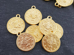 Large Gold Coin Charms, Round Coins, Turkish Coins, Replica Coins, Rustic Coins, Coin Pendants, 22k Matte Gold Plated - 20mm - 8pcs