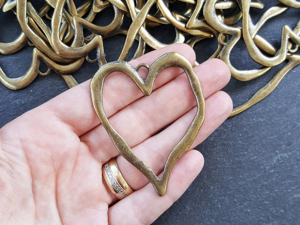 Large Organic Heart Shape Loop Link Pendant Smooth Frame Antique Bronze Plated Turkish Jewelry Making Supplies Findings Component - 1pc