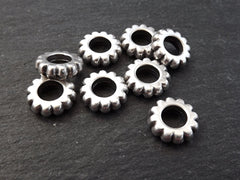 8 Silver Spacer Washer Beads, Ribbed Fluted Large Hole Flat Round Metal Beads, Matte Antique Silver Plated Brass Round