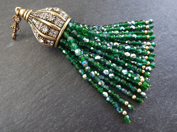 Emerald Green Beaded Tassel with Facet Cut Czech Glass Fire Polished AB Iridescent Beads Antique Bronze Rhinestone Accents - 1PC