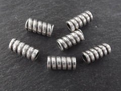 Large Narrow Spiral Ribbed Barrel Tube Beads - Matte Silver Plated Brass - 6p
