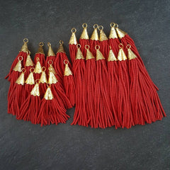 Short Deep Red Afghan Tibetan Heishi Tube Beaded Tassel - Handmade - Textured 22k Matte Gold Plated Cap - 55mm = 2.16inches