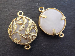 Soft White Rustic Leaves Jade Connector  - 22k Matte Gold plated Bezel - 1pc