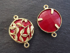 Red Gemstone Pendant Connector, Gold Decorative Rustic Leaf Leaves Bezel, Opaque Red Jade Connector, 22k Matte Gold plated, 1pc