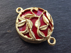 Red Gemstone Pendant Connector, Gold Decorative Rustic Leaf Leaves Bezel, Opaque Red Jade Connector, 22k Matte Gold plated, 1pc