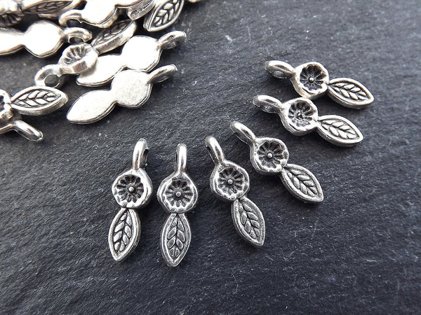 20 Mini Flower Leaf Charms - Matte Antique Silver Plated