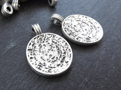 2 Rustic Greek Phaistos Disc Pendants - Matte Antique Silver Plated