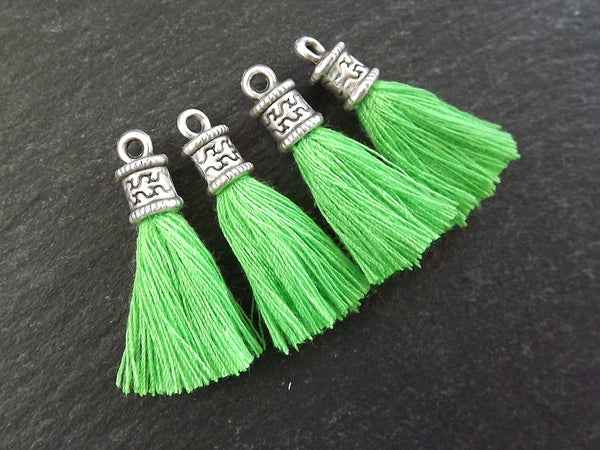Mini Lime Green Soft Thread Tassels Earring Bracelet Necklace Tassel Jewelry Fringe Turkish Findings - Matte Silver Plated Cap - 30mm - 4pc