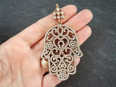 NEW - Large Hamsa Hand of Fatima Pendant Clear Crystal Accents - Small Round Bail - Sterling Silver Antique Bronze - 1PC