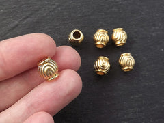 Gold Barrel Beads, Large Round Ripple Wave Detail Ball Bead Spacers, Bracelet Beads, Non Tarnish 22k Matte Gold Plated Brass, 6pc