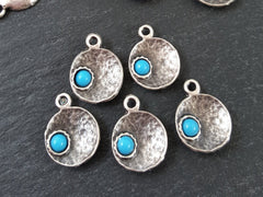 Blue Bead Inverted Dome Shaped Pendant Charms Matte Antiques Silver Plated Jewelry Making findings Turkish Supplies - 5 pcs