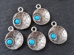 Blue Bead Inverted Dome Shaped Pendant Charms Matte Antiques Silver Plated Jewelry Making findings Turkish Supplies - 5 pcs