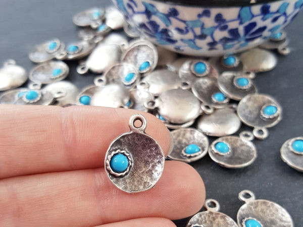 Blue Bead Inverted Dome Shaped Pendant Charms Matte Antiques Silver Plated Jewelry Making findings Turkish Supplies - 5 pcs