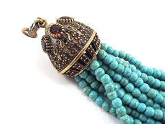 Large Turquoise Tassel, Turquoise Stone Beaded Tassel, Tassel Pendant, Gemstone Tassel, Green, Clear Crystal Accents, Antique Bronze - 1PC